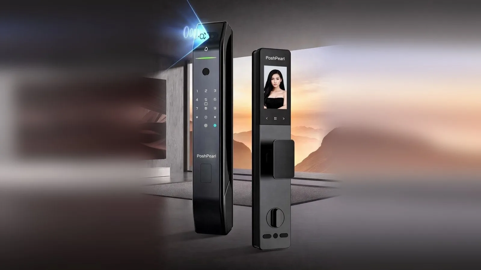 The D2PRO smart lock scanning a face to unlock, beside its inside panel