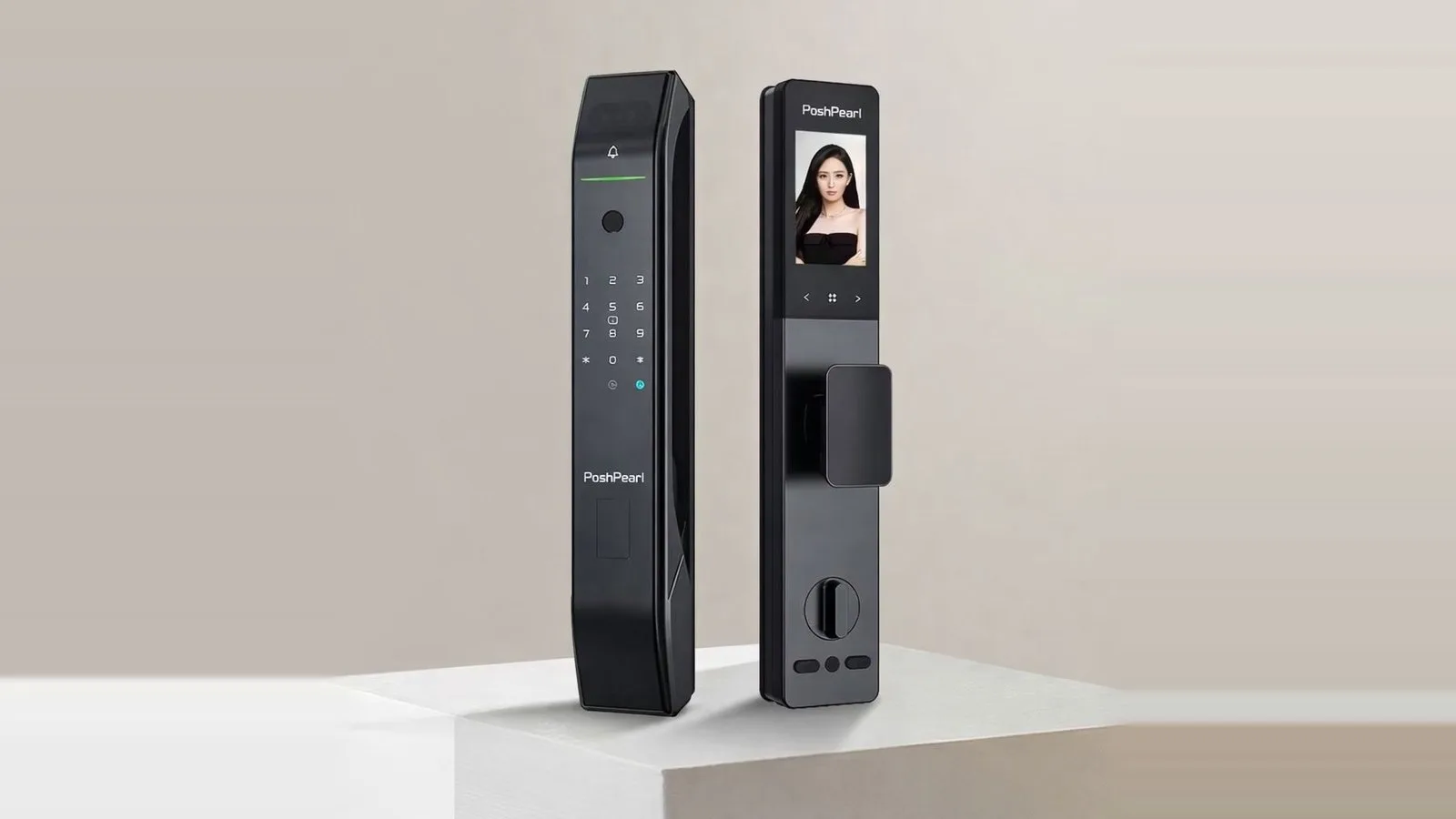 The D2PRO smart lock, front and inside panels, on a display stand